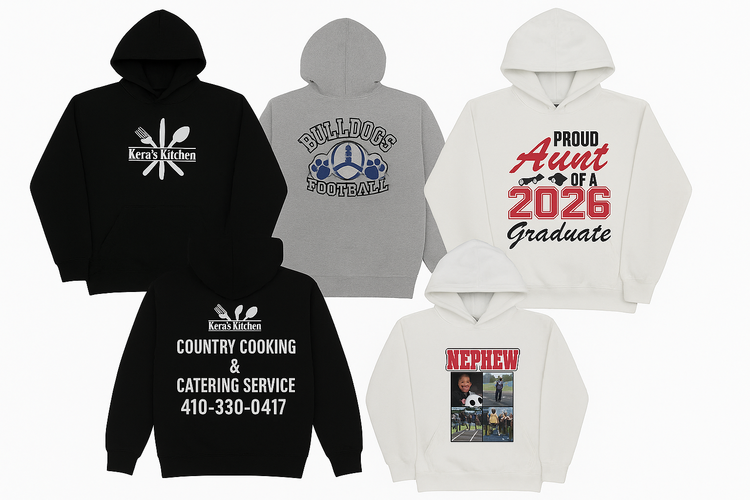 second row of customized hoodies